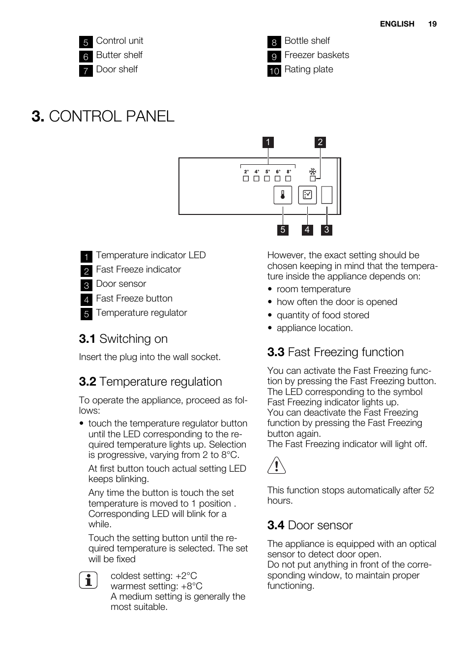 Control panel, 1 switching on, 2 temperature regulation | 3 fast freezing function, 4 door sensor | Electrolux EN3450COX User Manual | Page 19 / 56