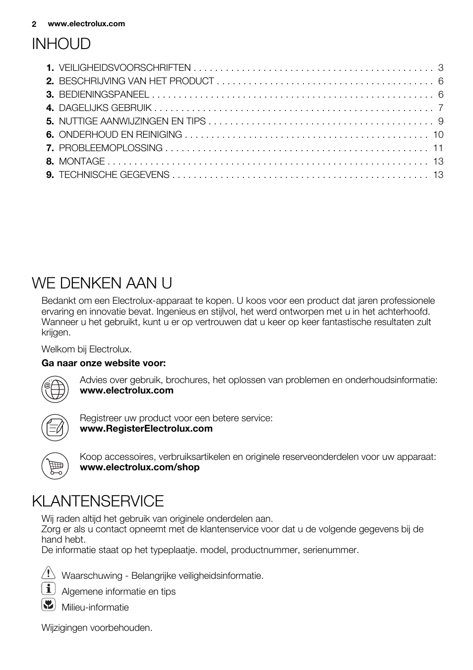 Inhoud, We denken aan u, Klantenservice | Electrolux EN3450COX User Manual | Page 2 / 56