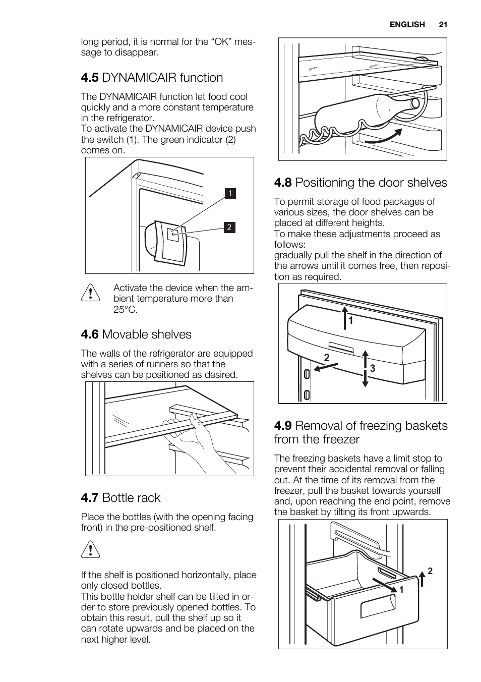 5 dynamicair function, 6 movable shelves, 7 bottle rack | 8 positioning the door shelves, 9 removal of freezing baskets from the freezer | Electrolux EN3450COX User Manual | Page 21 / 56