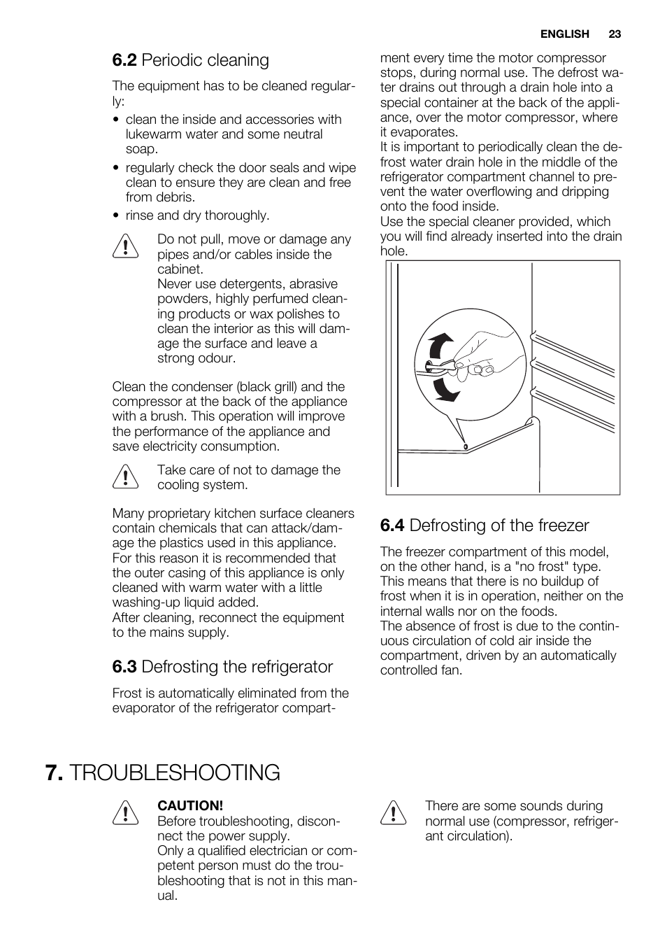 Troubleshooting, 2 periodic cleaning, 3 defrosting the refrigerator | 4 defrosting of the freezer | Electrolux EN3450COX User Manual | Page 23 / 56