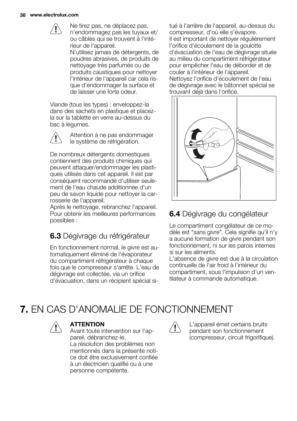 En cas d'anomalie de fonctionnement, 3 dégivrage du réfrigérateur, 4 dégivrage du congélateur | Electrolux EN3450COX User Manual | Page 38 / 56