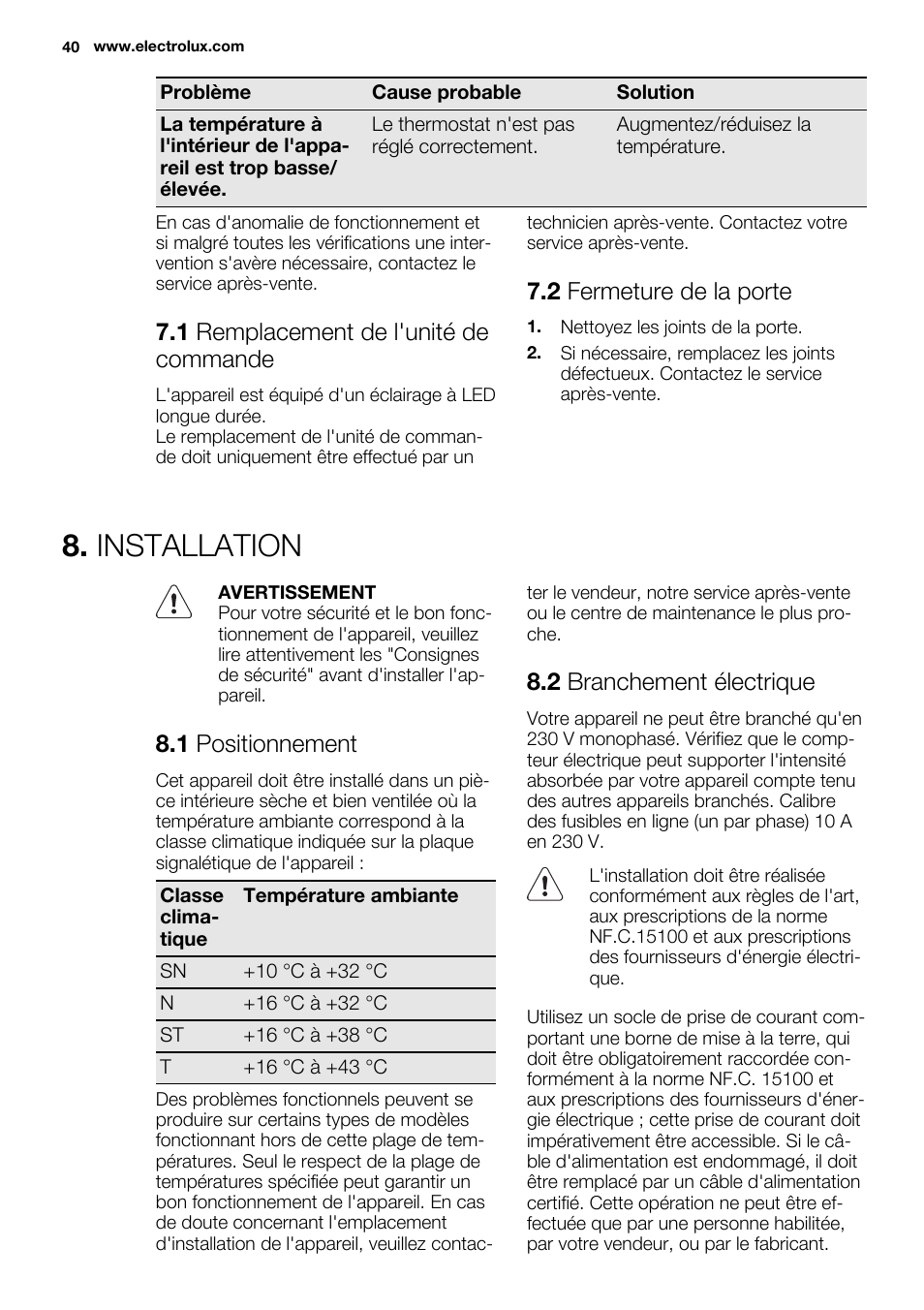 Installation, 1 remplacement de l'unité de commande, 2 fermeture de la porte | 1 positionnement, 2 branchement électrique | Electrolux EN3450COX User Manual | Page 40 / 56