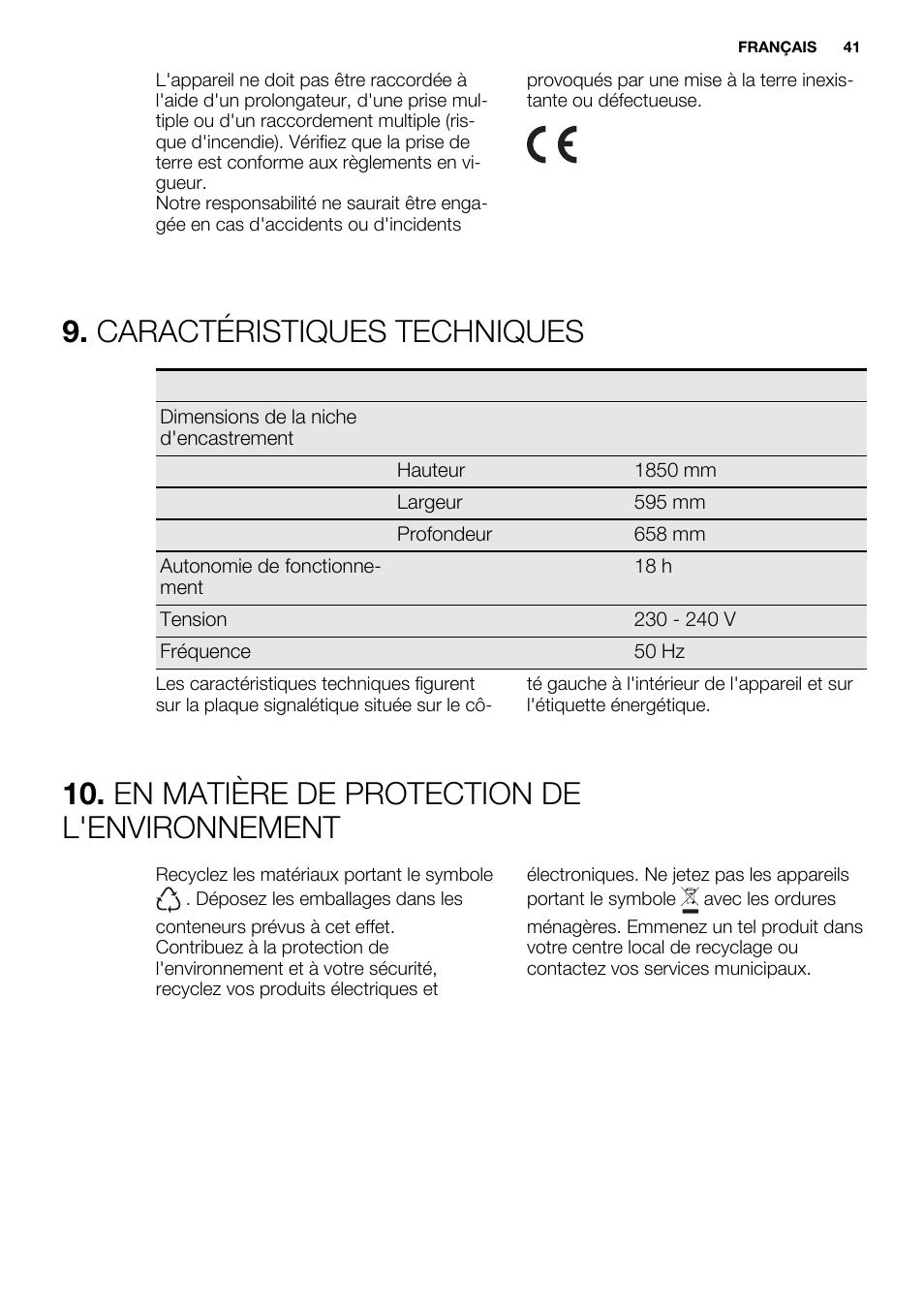 Caractéristiques techniques, En matière de protection de l'environnement | Electrolux EN3450COX User Manual | Page 41 / 56