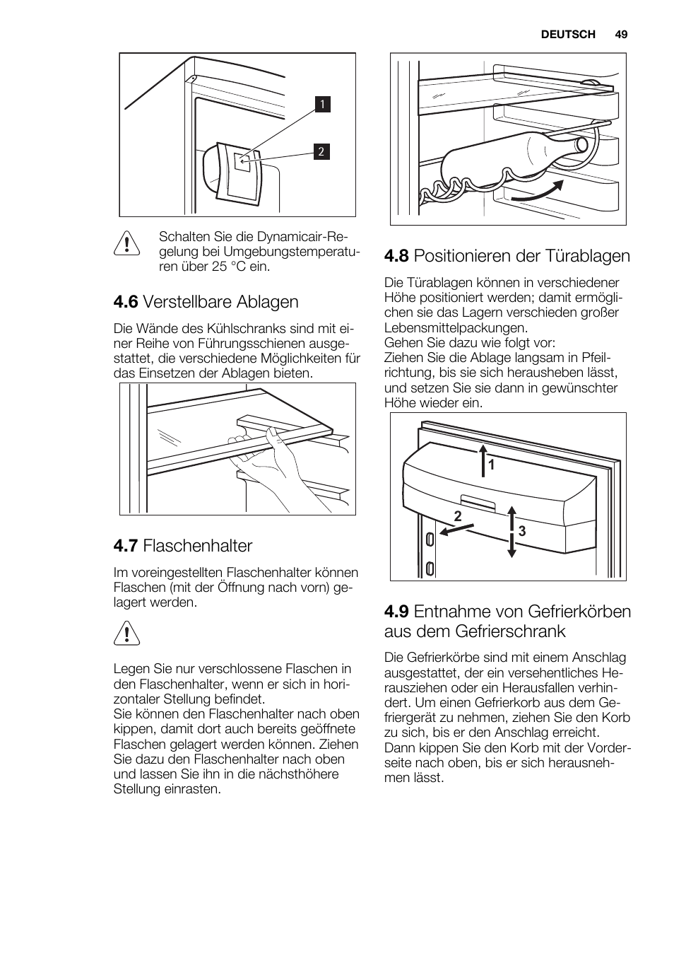 6 verstellbare ablagen, 7 flaschenhalter, 8 positionieren der türablagen | Electrolux EN3450COX User Manual | Page 49 / 56