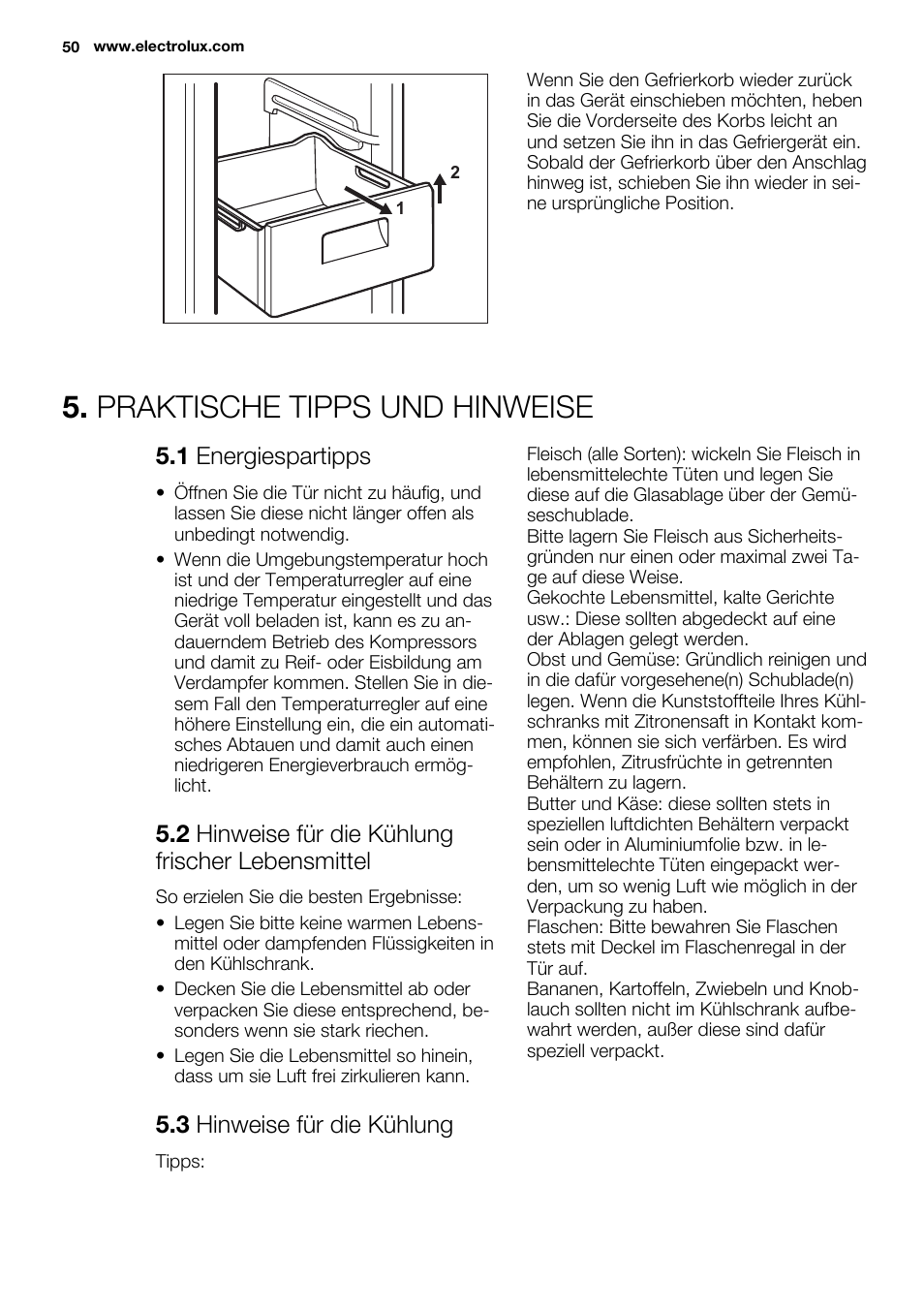 Praktische tipps und hinweise, 1 energiespartipps, 2 hinweise für die kühlung frischer lebensmittel | 3 hinweise für die kühlung | Electrolux EN3450COX User Manual | Page 50 / 56