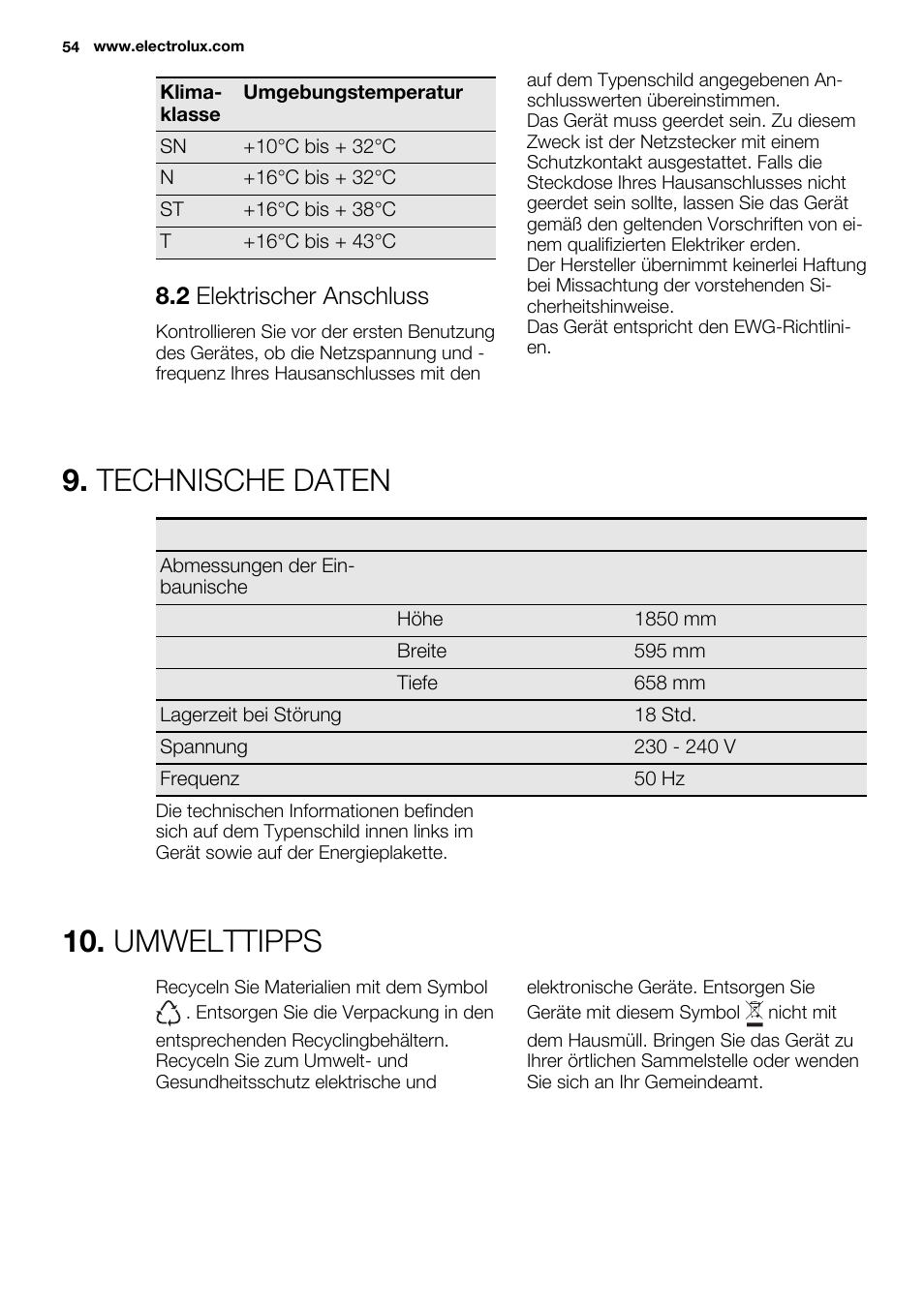 Technische daten, Umwelttipps, 2 elektrischer anschluss | Electrolux EN3450COX User Manual | Page 54 / 56