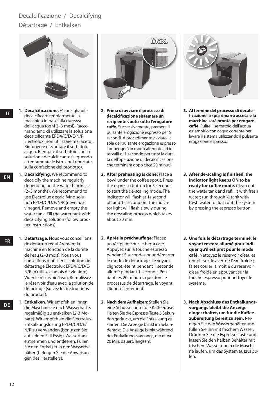 Decalcificazione, Decalcifying, Détartrage / entkalken | Electrolux ELM5000BK User Manual | Page 12 / 60