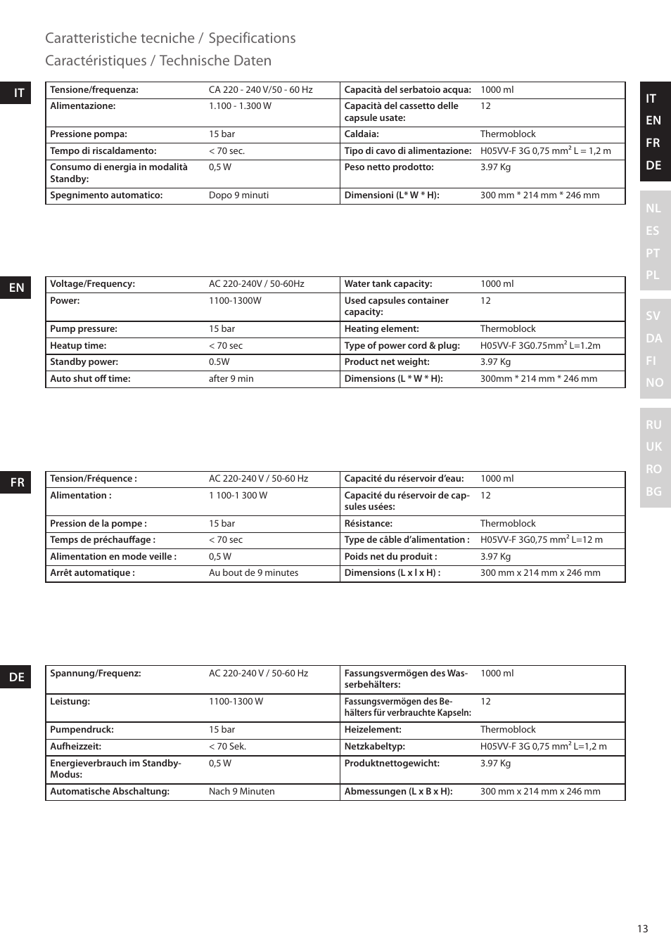 Specifications, Technische daten caractéristiques, Caratteristiche tecniche | It en fr de nl es pt pl sv da fi no ru uk ro bg, De it en fr | Electrolux ELM5000BK User Manual | Page 13 / 60