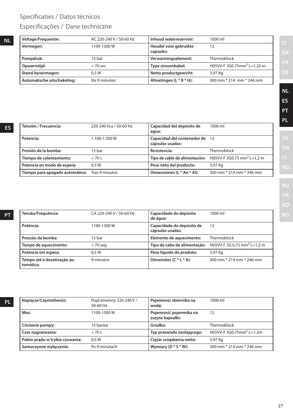 Specificaties, Datos técnicos, Especificações | Dane techniczne, It en fr de nl es pt pl sv da fi no ru uk ro bg | Electrolux ELM5000BK User Manual | Page 27 / 60