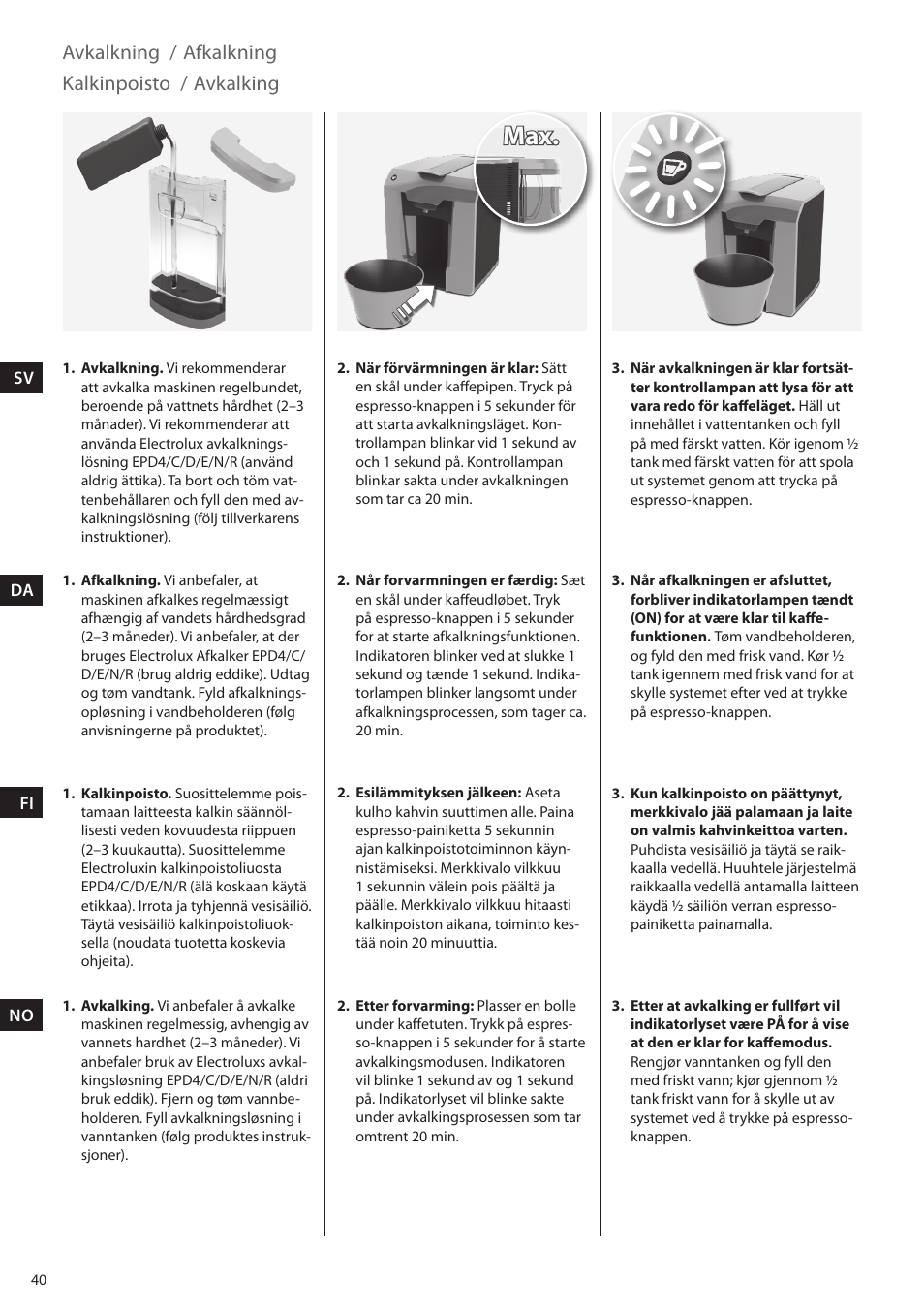 Avkalkning / afkalkning kalkinpoisto / avkalking | Electrolux ELM5000BK User Manual | Page 40 / 60