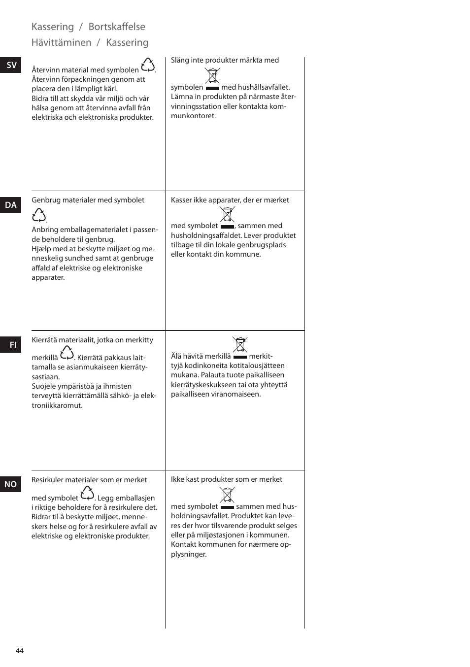 Kassering / bortskaffelse hävittäminen / kassering | Electrolux ELM5000BK User Manual | Page 44 / 60