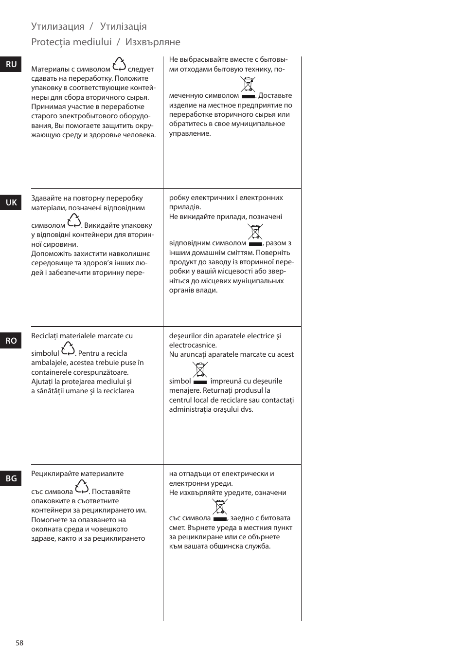 Утилизация / утилізація, Protecţia mediului / изхвърляне | Electrolux ELM5000BK User Manual | Page 58 / 60