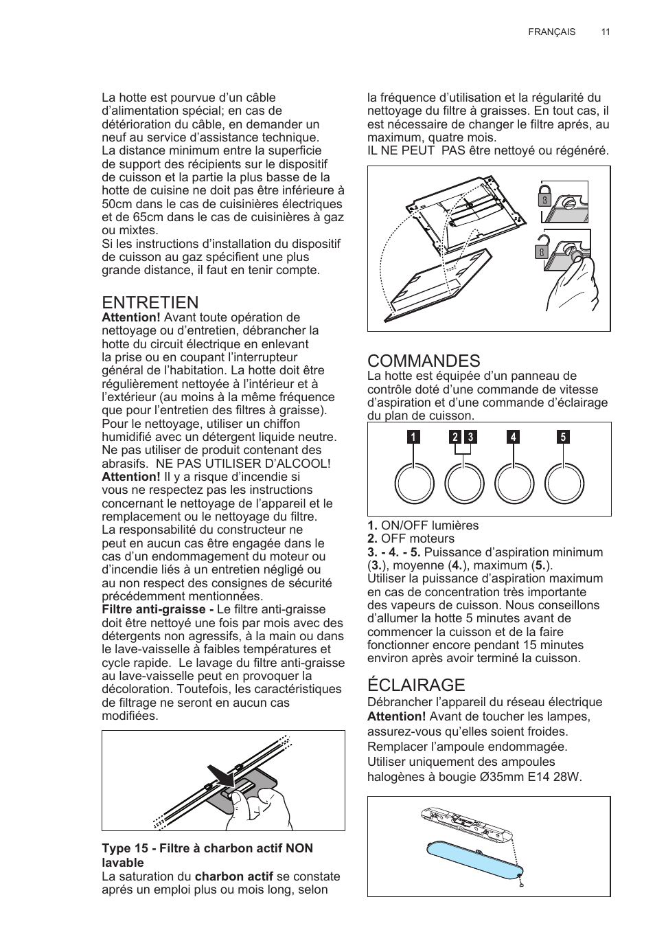 Entretien, Commandes, Éclairage | Electrolux EFC60400K User Manual | Page 11 / 100