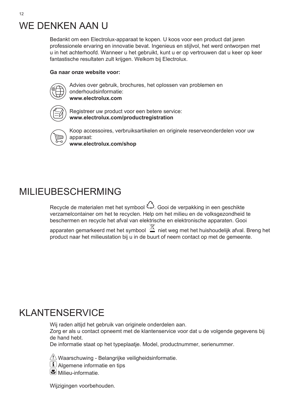 We denken aan u, Milieubescherming, Klantenservice | Electrolux EFC60400K User Manual | Page 12 / 100