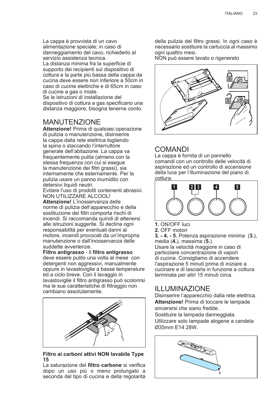 Manutenzione, Comandi, Illuminazione | Electrolux EFC60400K User Manual | Page 23 / 100