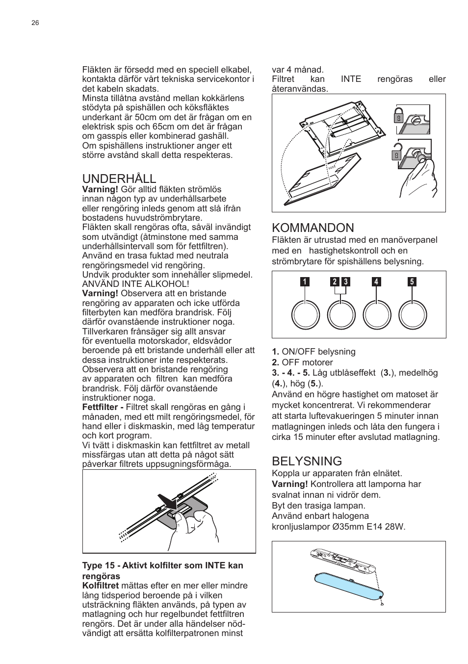 Underhåll, Kommandon, Belysning | Electrolux EFC60400K User Manual | Page 26 / 100