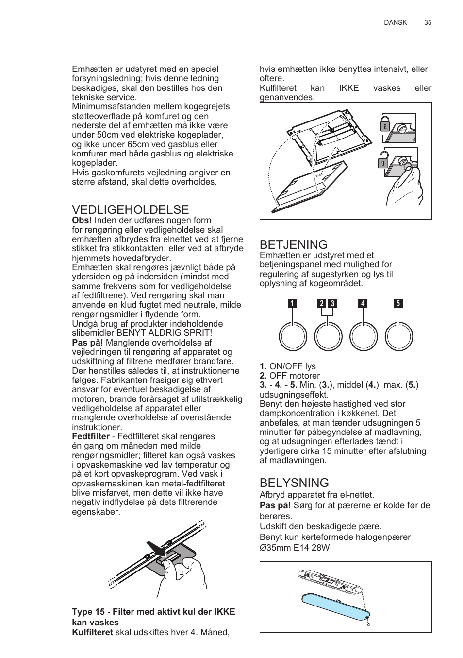 Vedligeholdelse, Betjening, Belysning | Electrolux EFC60400K User Manual | Page 35 / 100