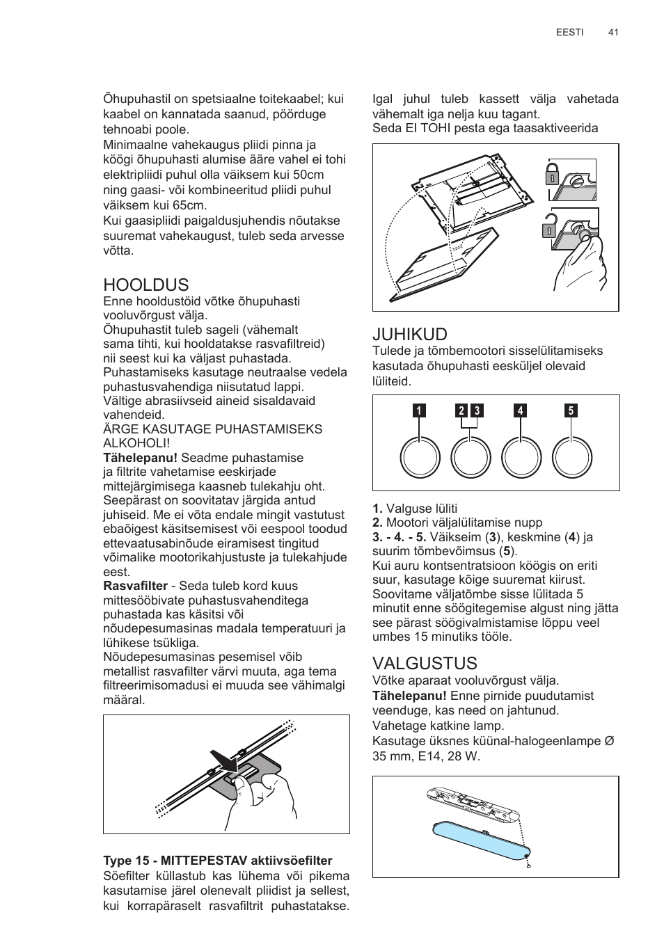 Juhikud, Valgustus, Hooldus | Electrolux EFC60400K User Manual | Page 41 / 100