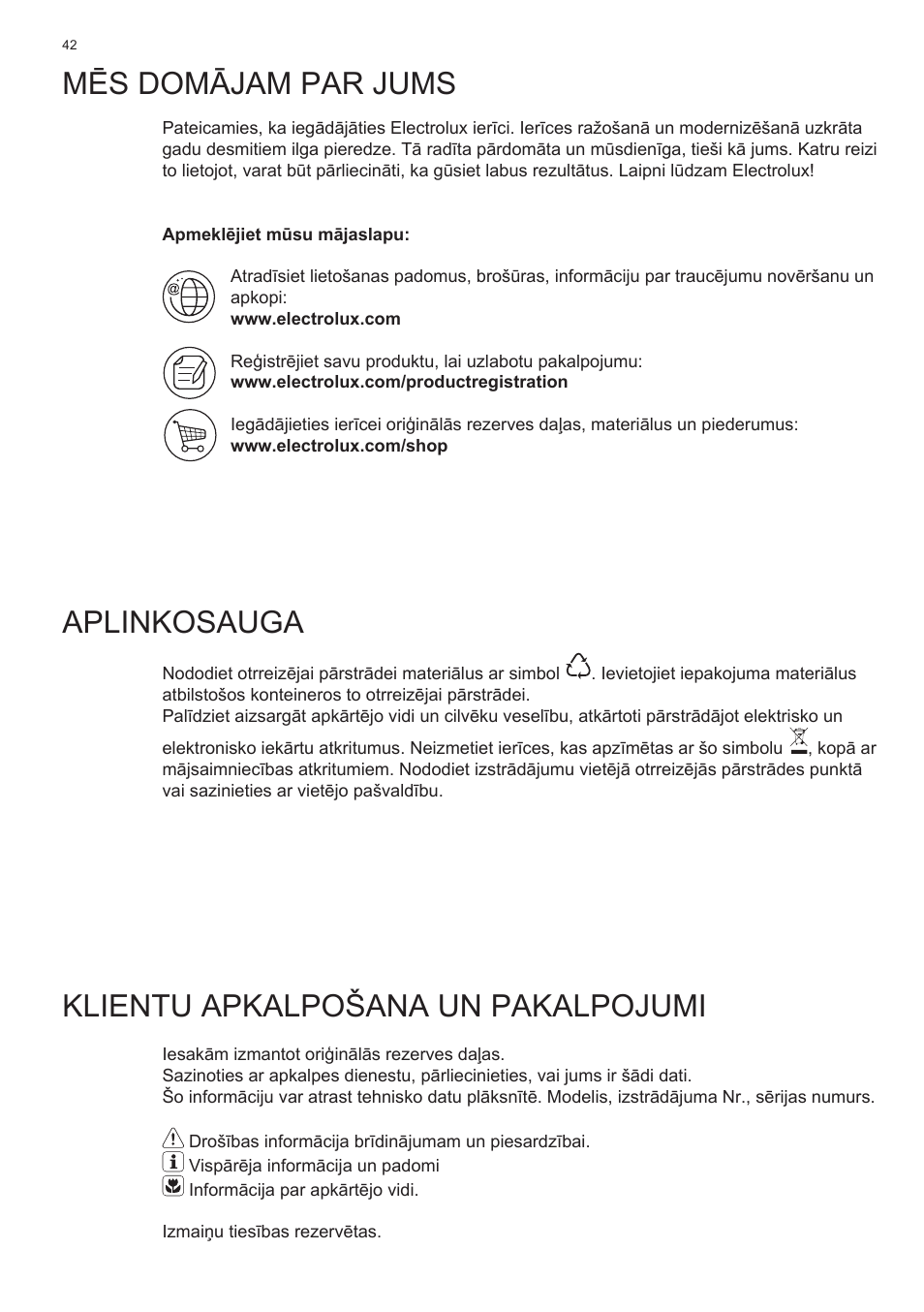 Mēs domājam par jums aplinkosauga, Klientu apkalpošana un pakalpojumi | Electrolux EFC60400K User Manual | Page 42 / 100