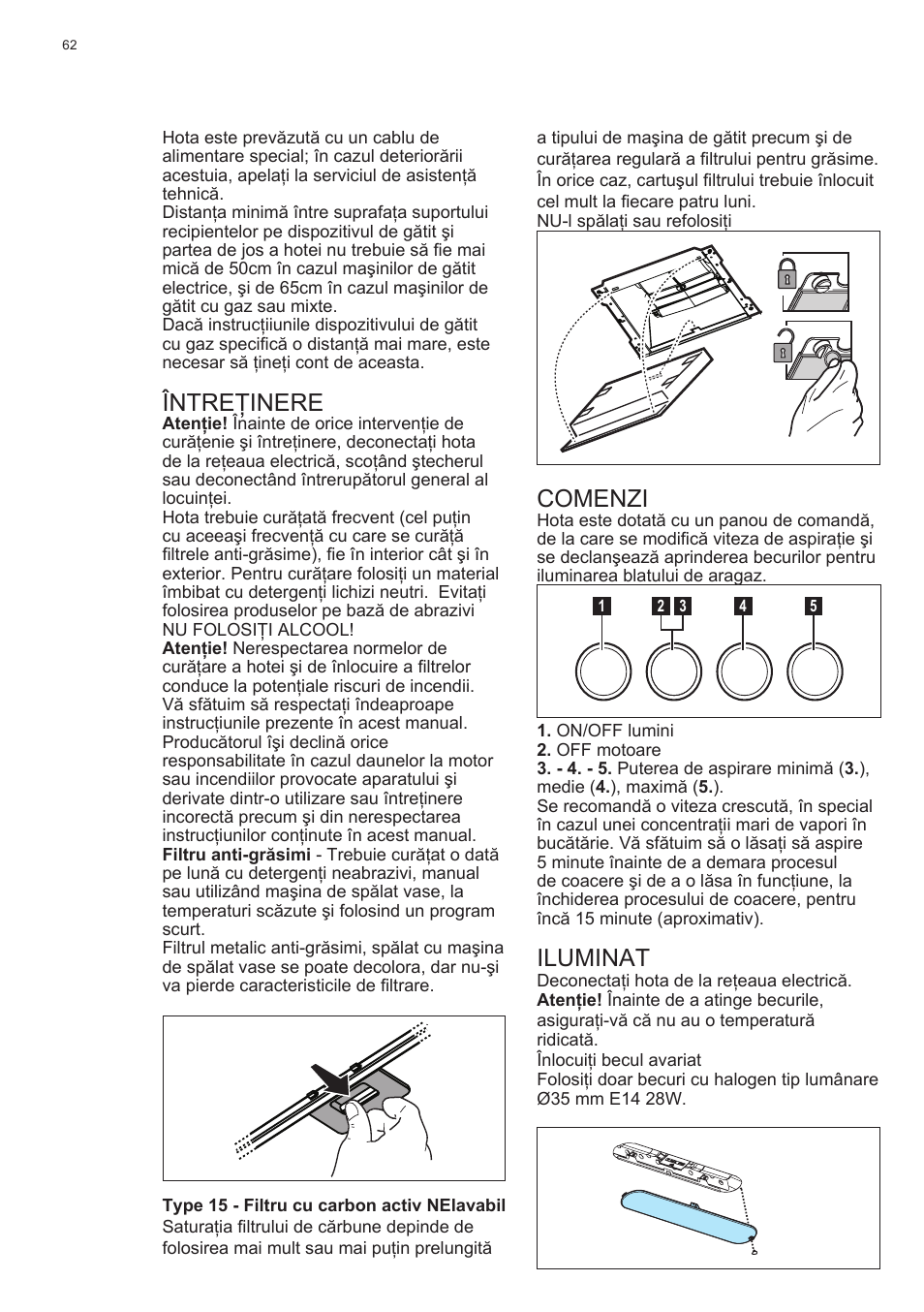 Întreţinere, Comenzi, Iluminat | Electrolux EFC60400K User Manual | Page 62 / 100