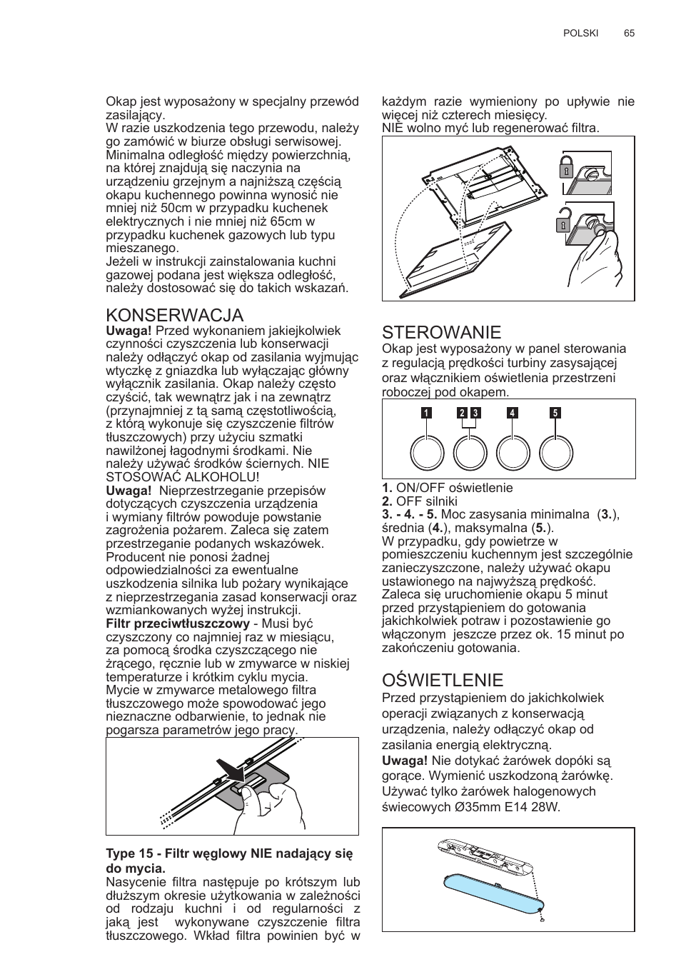 Konserwacja, Sterowanie, Oświetlenie | Electrolux EFC60400K User Manual | Page 65 / 100