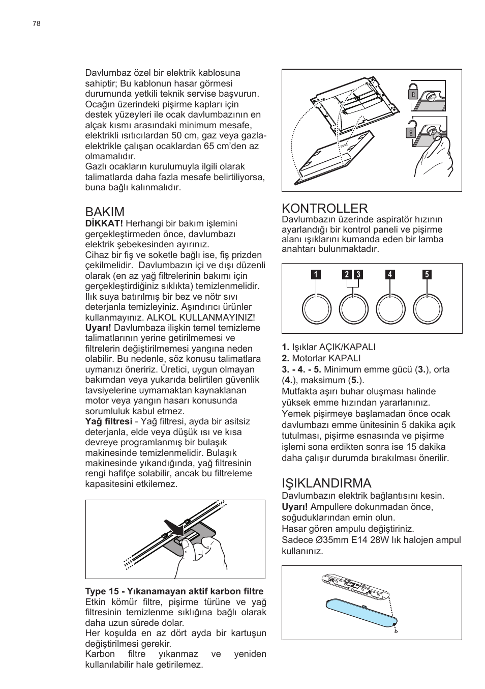 Bakim, Kontroller, Işiklandirma | Electrolux EFC60400K User Manual | Page 78 / 100