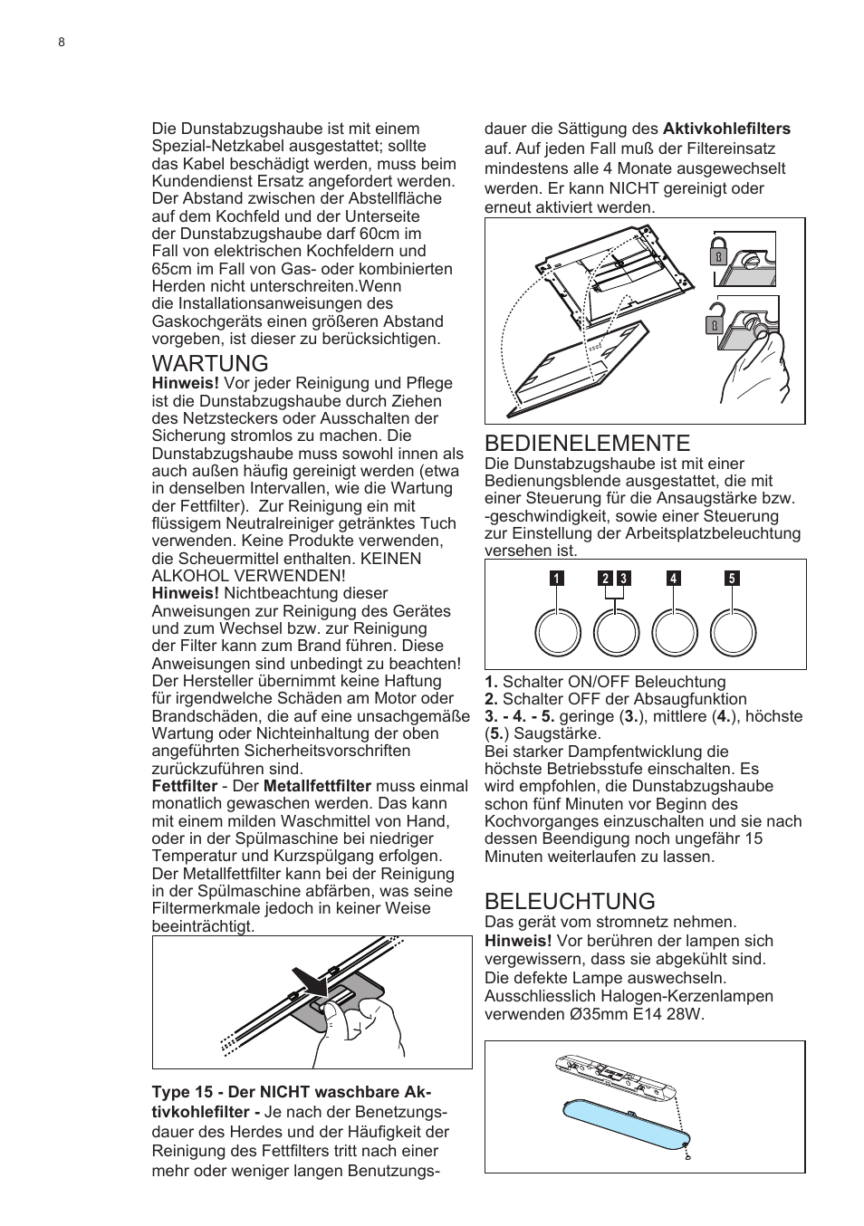 Bedienelemente, Beleuchtung, Wartung | Electrolux EFC60400K User Manual | Page 8 / 100