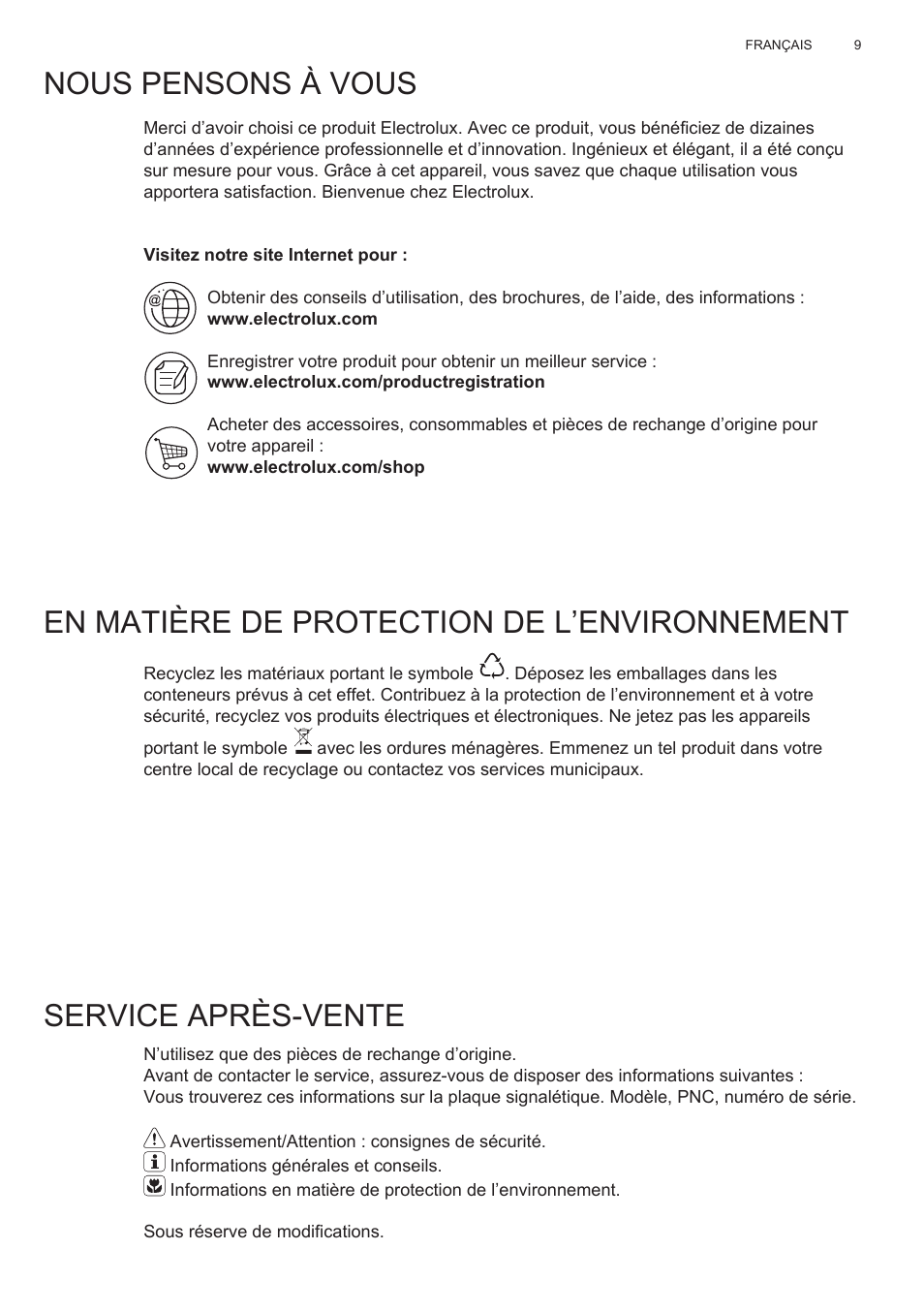 Nous pensons à vous, En matière de protection de l’environnement, Service après-vente | Electrolux EFC60400K User Manual | Page 9 / 100