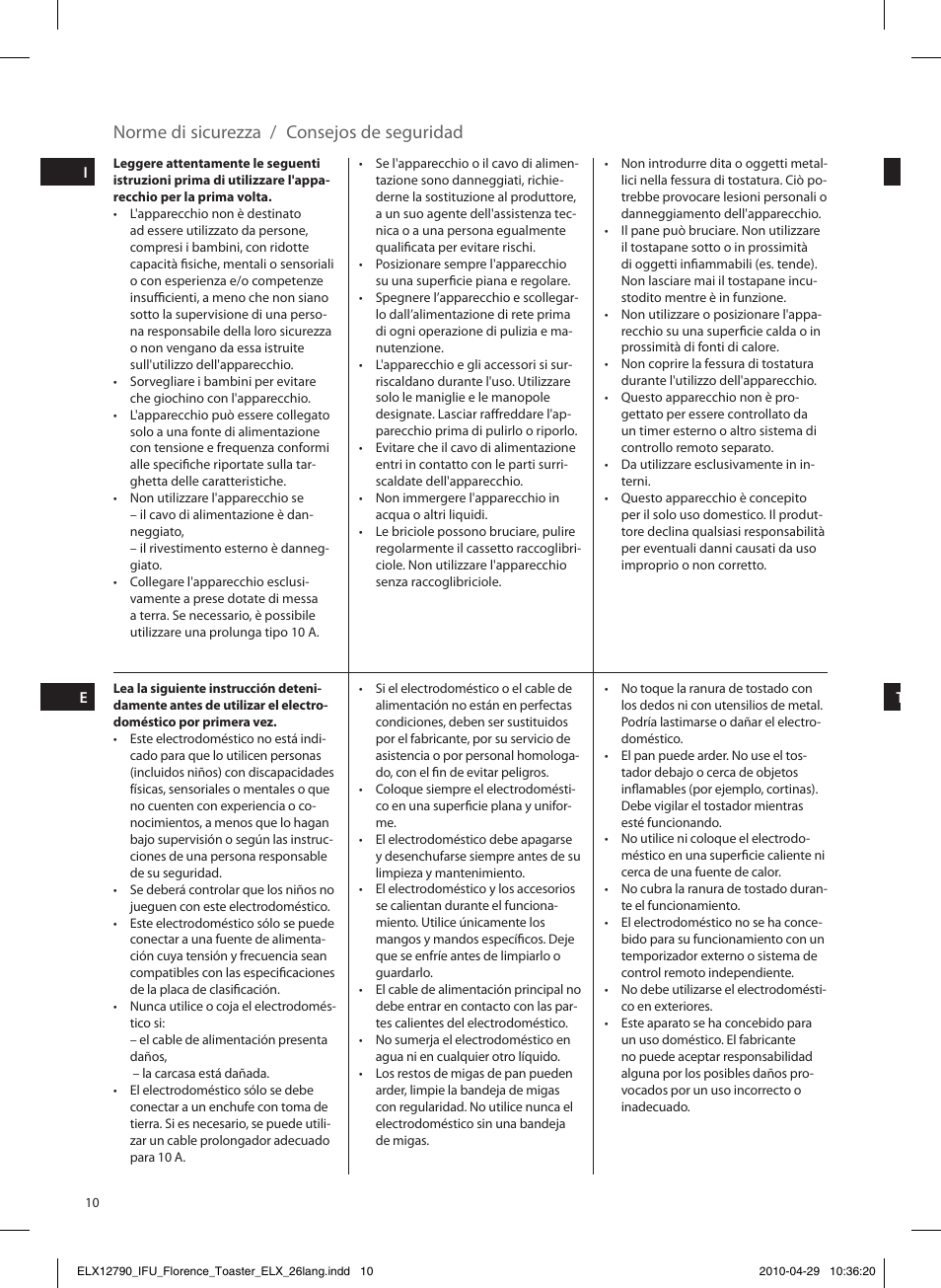 Norme di sicurezza / consejos de seguridad | Electrolux EAT5110 User Manual | Page 10 / 48