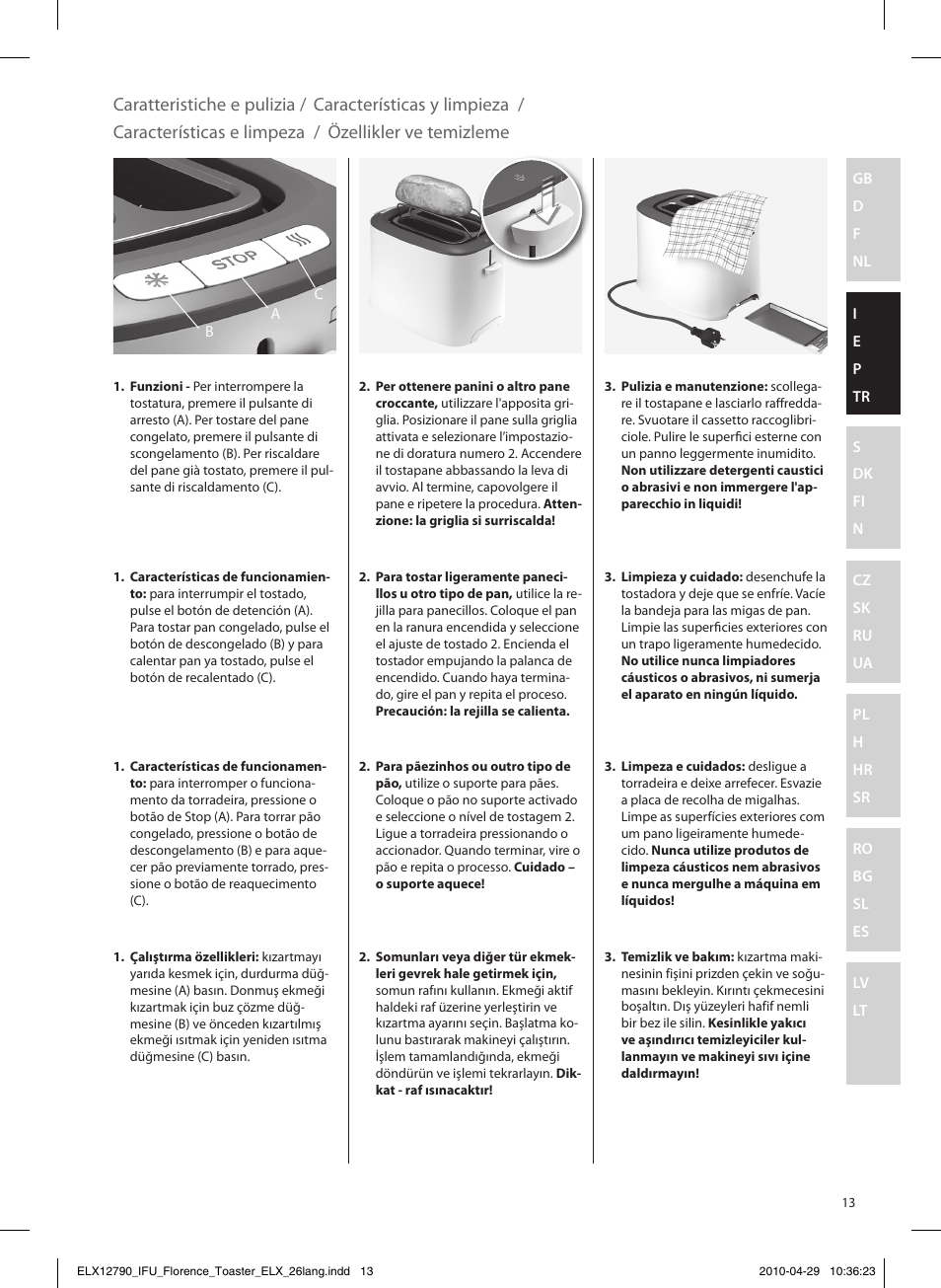 Caratteristiche e pulizia, Características y limpieza, Características e limpeza | Özellikler ve temizleme | Electrolux EAT5110 User Manual | Page 13 / 48