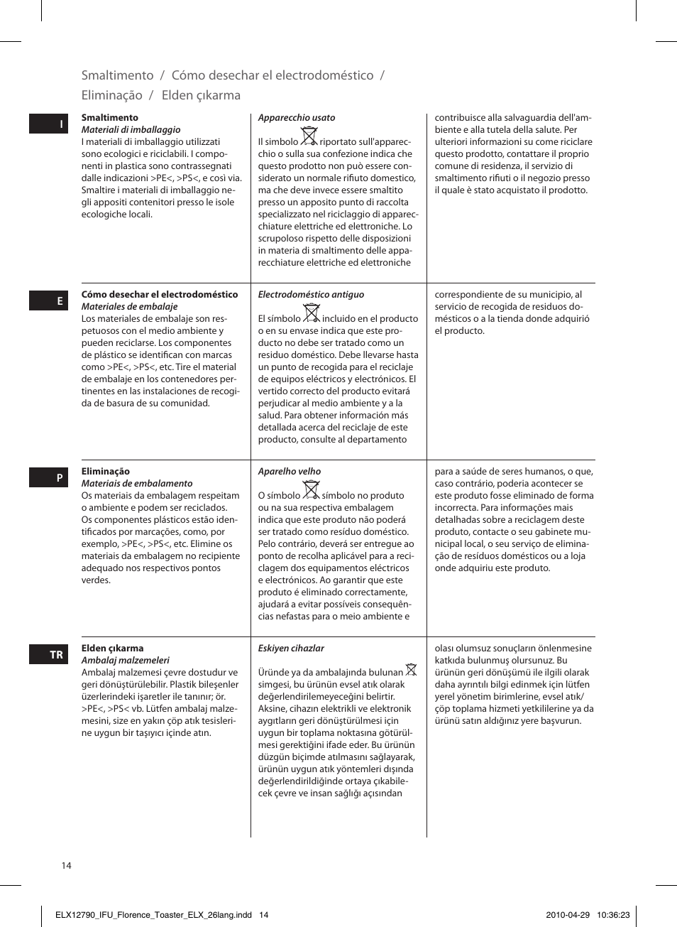 Smaltimento, Cómo desechar el electrodoméstico, Eliminação | Elden çıkarma | Electrolux EAT5110 User Manual | Page 14 / 48