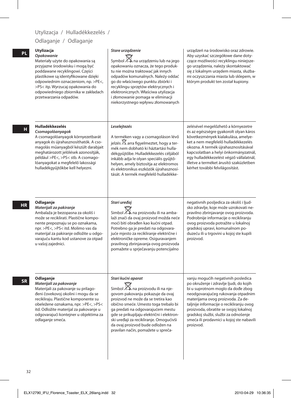 Utylizacja, Hulladékkezelés, Odlaganje | Electrolux EAT5110 User Manual | Page 32 / 48