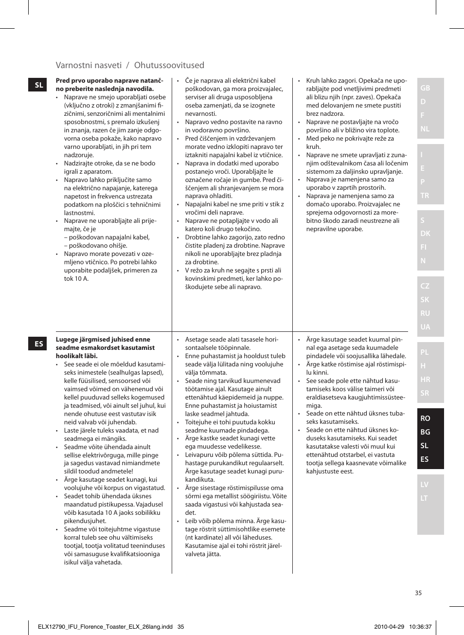 Varnostni nasveti / ohutussoovitused | Electrolux EAT5110 User Manual | Page 35 / 48