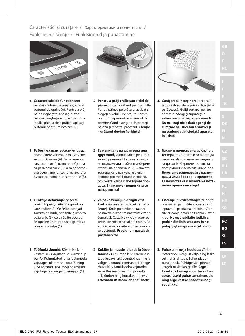 Caracteristici şi curăţare, Funkcije in čiščenje, Funktsioonid ja puhastamine | Electrolux EAT5110 User Manual | Page 37 / 48