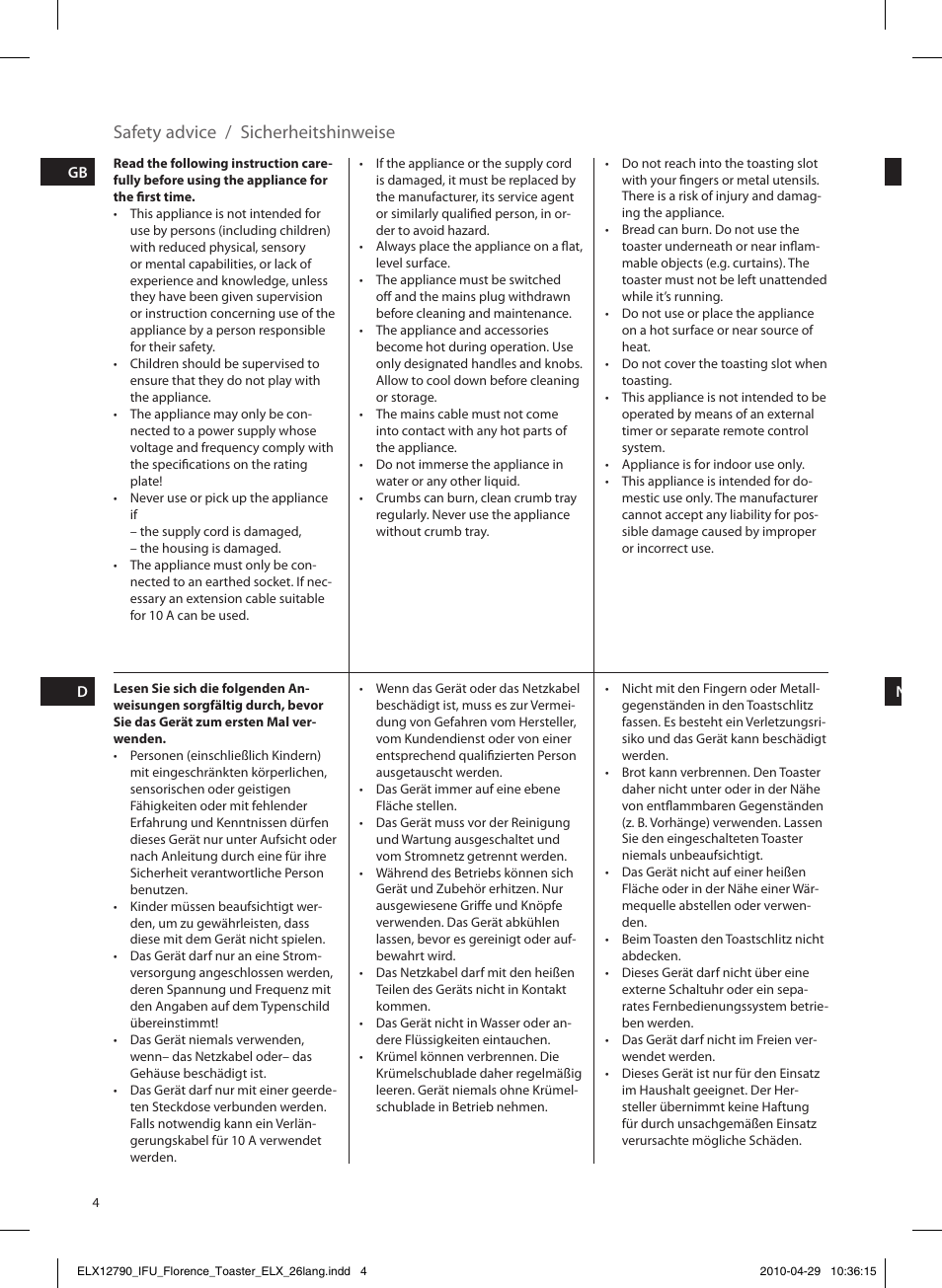 Sicherheitshinweise, Safety advice | Electrolux EAT5110 User Manual | Page 4 / 48