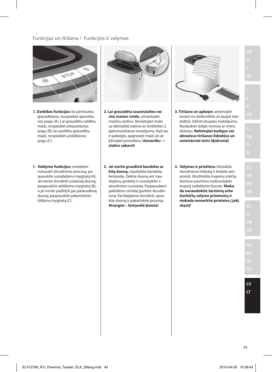 Funkcijas un tīrīšana, Funkcijos ir valymas | Electrolux EAT5110 User Manual | Page 43 / 48