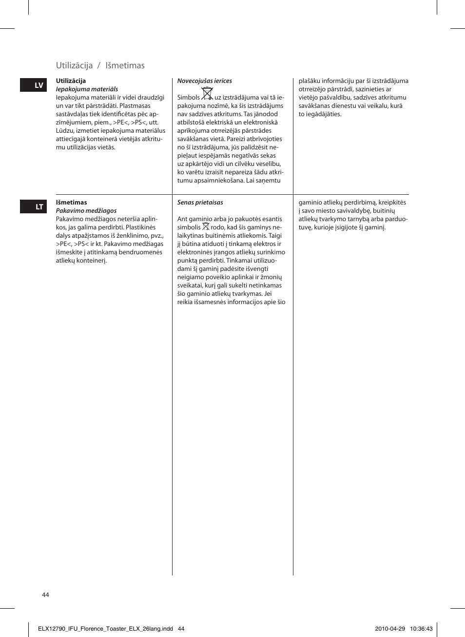 Utilizācija, Išmetimas | Electrolux EAT5110 User Manual | Page 44 / 48