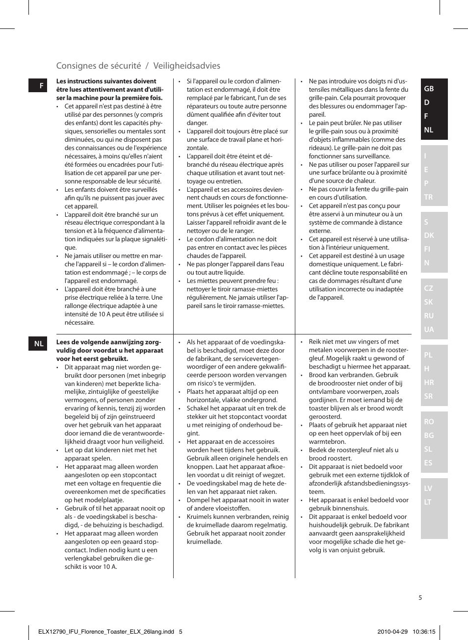 Consignes de sécurité / veiligheidsadvies | Electrolux EAT5110 User Manual | Page 5 / 48