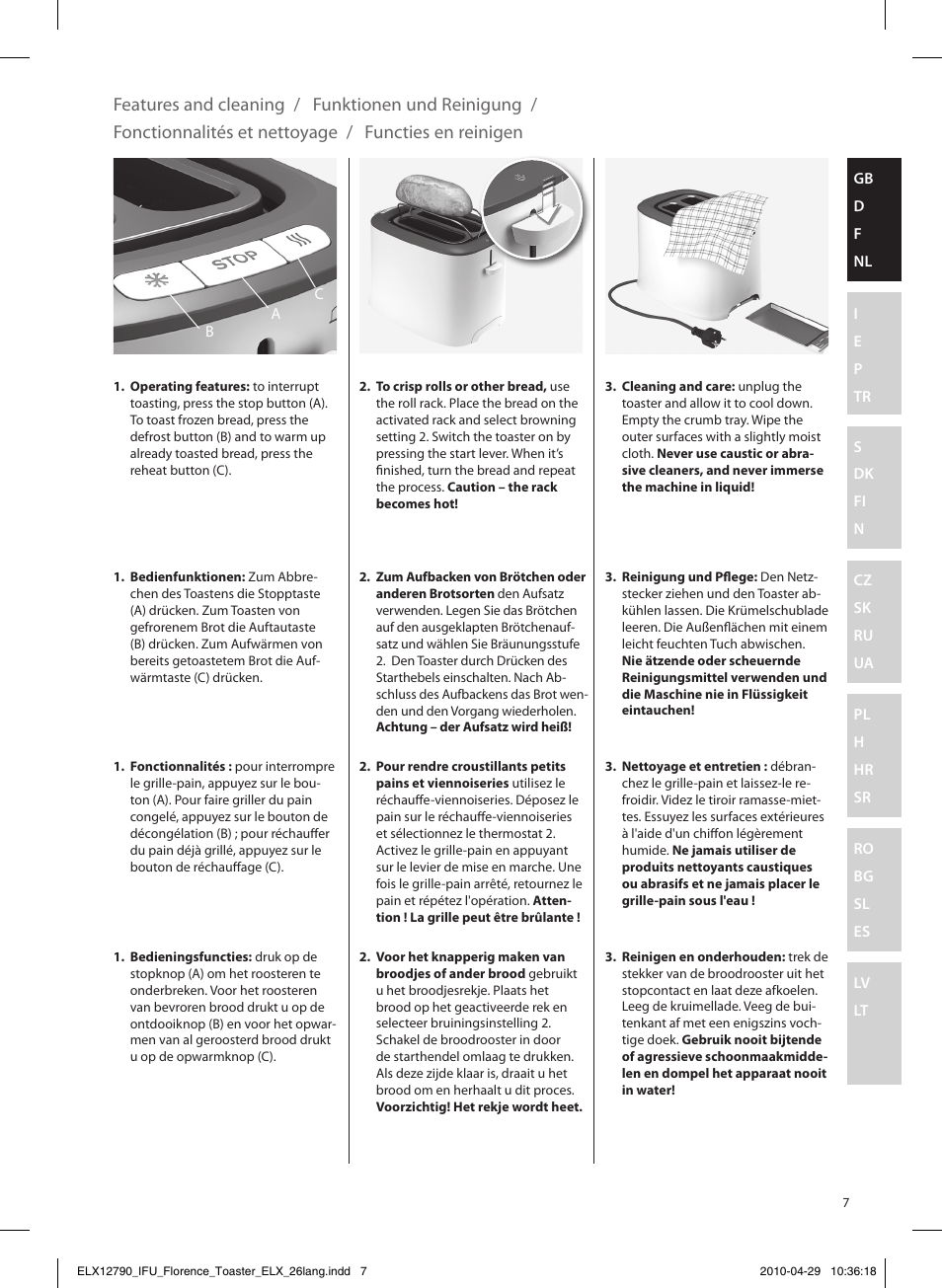 Funktionen und reinigung, Features and cleaning, Fonctionnalités et nettoyage | Functies en reinigen | Electrolux EAT5110 User Manual | Page 7 / 48