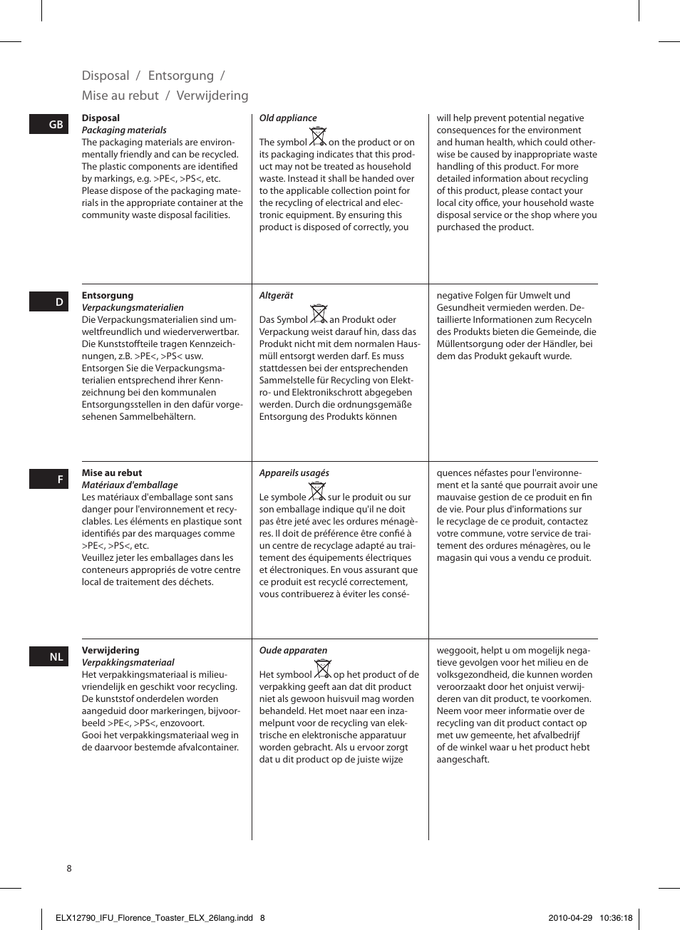 Disposal, Entsorgung, Mise au rebut | Verwijdering | Electrolux EAT5110 User Manual | Page 8 / 48