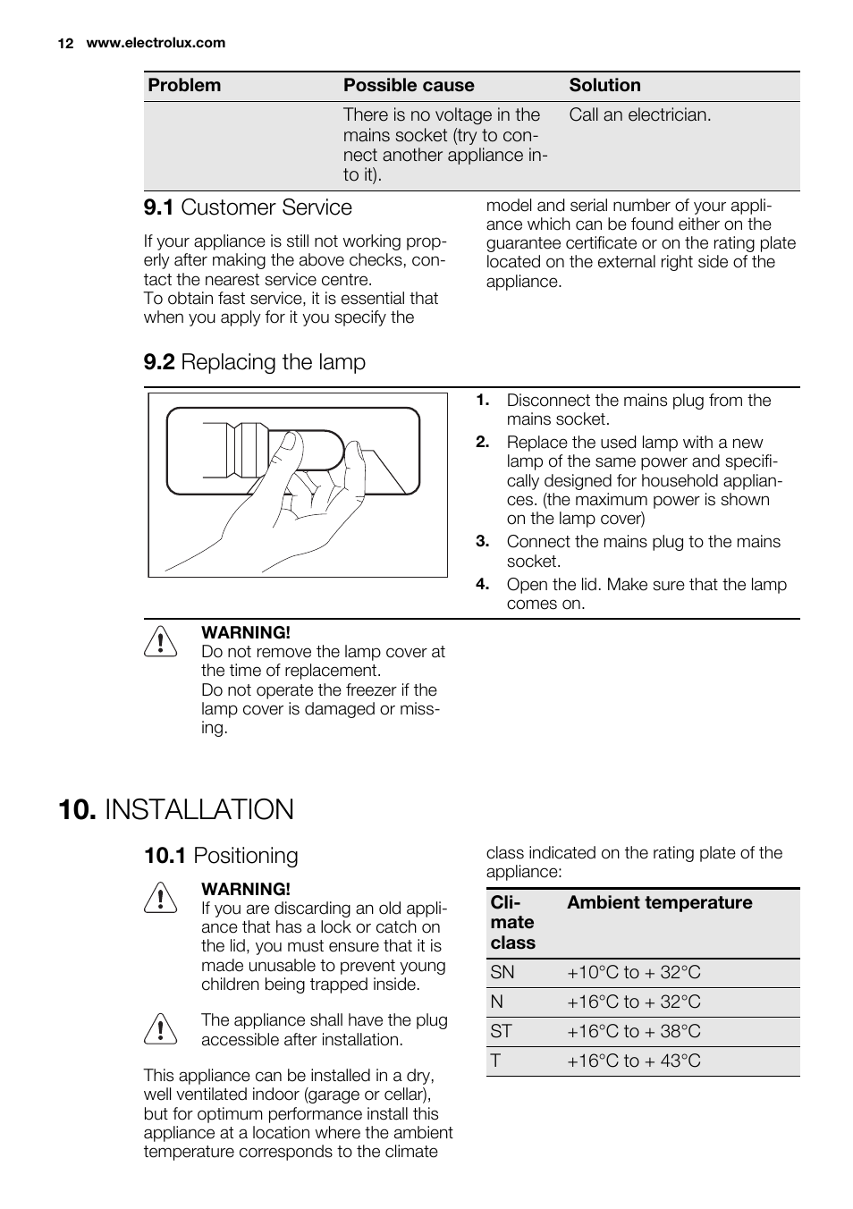 Installation, 1 customer service, 2 replacing the lamp | 1 positioning | Electrolux EC2830AOW1 User Manual | Page 12 / 72