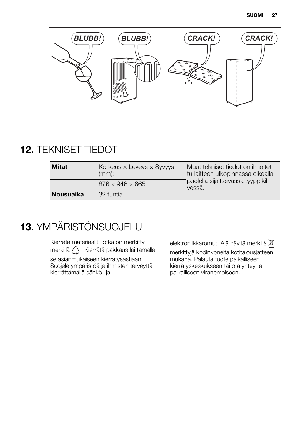 Tekniset tiedot, Ympäristönsuojelu | Electrolux EC2830AOW1 User Manual | Page 27 / 72