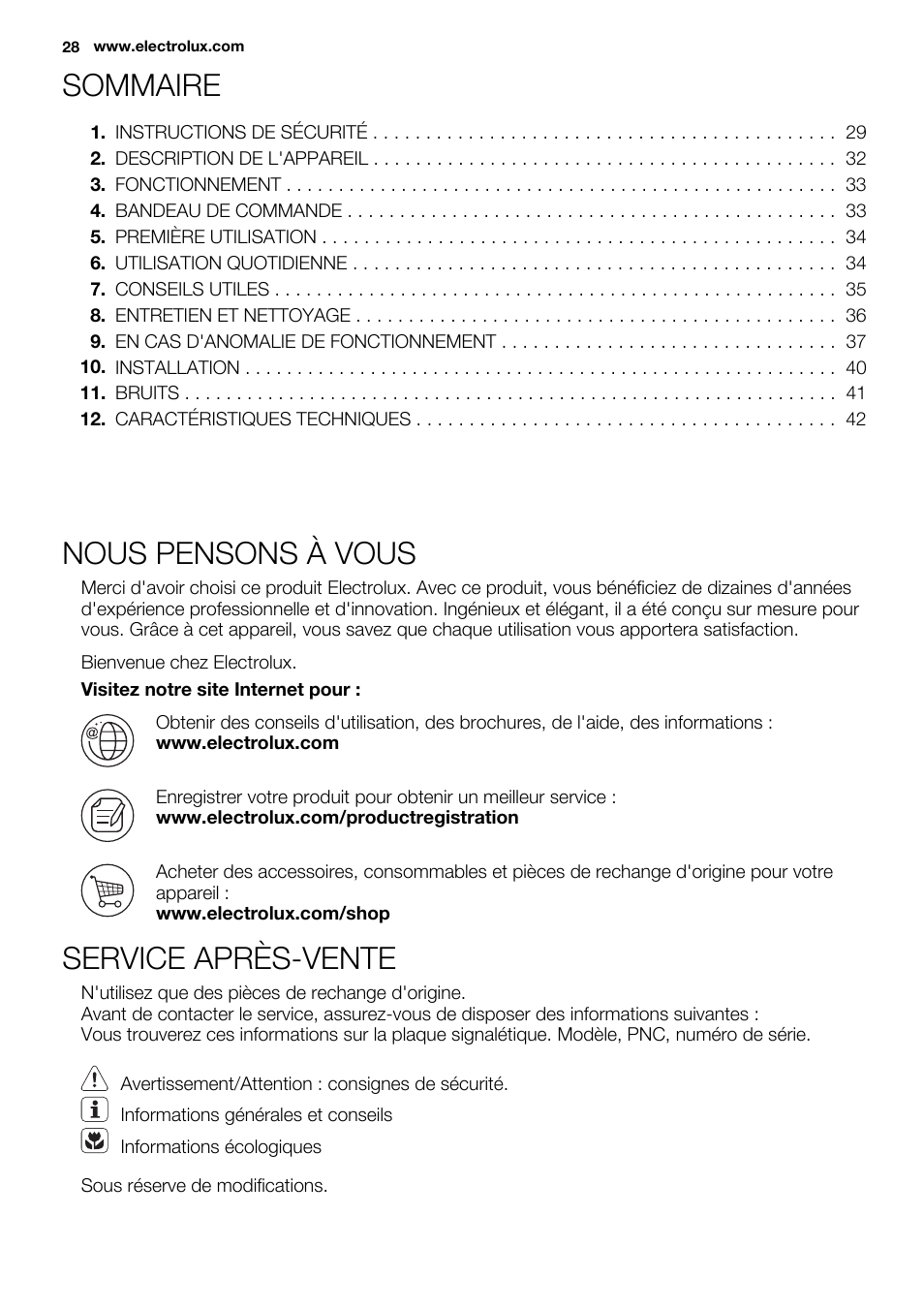 Sommaire, Nous pensons à vous, Service après-vente | Electrolux EC2830AOW1 User Manual | Page 28 / 72