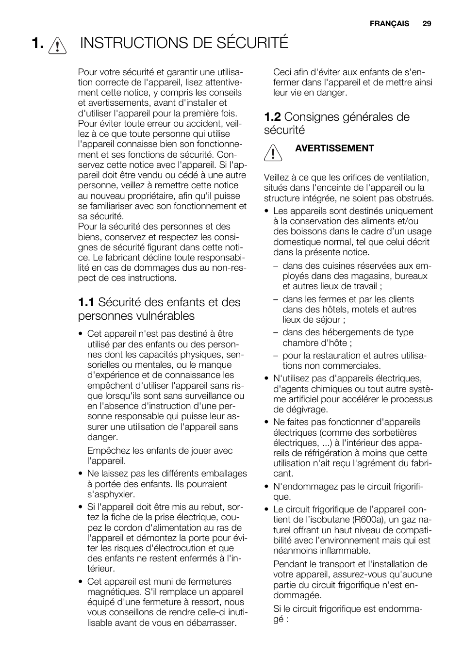 Instructions de sécurité, 2 consignes générales de sécurité | Electrolux EC2830AOW1 User Manual | Page 29 / 72