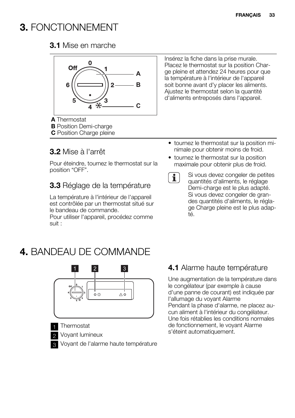 Fonctionnement, Bandeau de commande, 1 mise en marche | 2 mise à l'arrêt, 3 réglage de la température, 1 alarme haute température | Electrolux EC2830AOW1 User Manual | Page 33 / 72