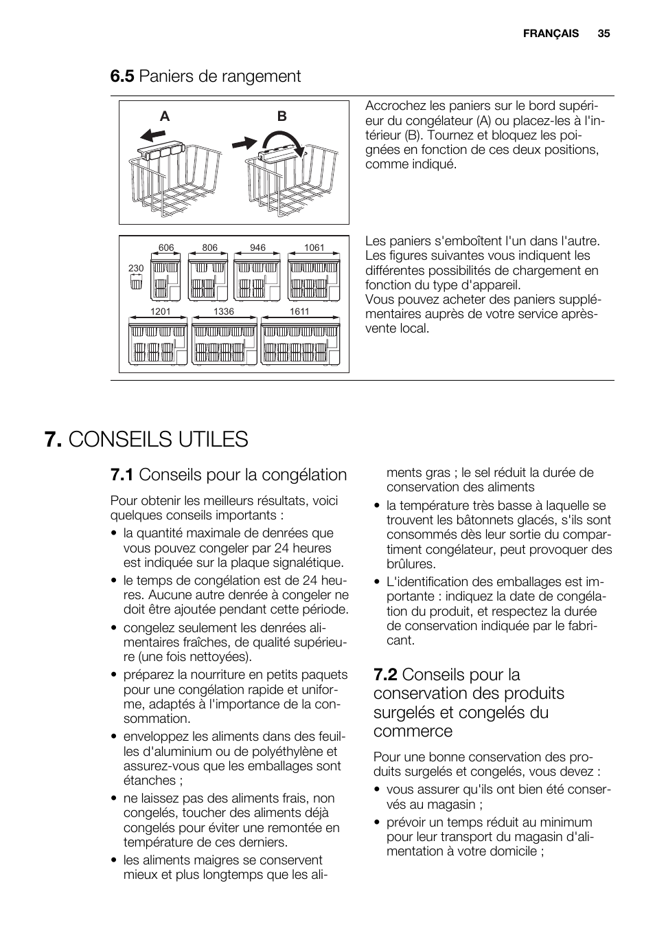 Conseils utiles, 5 paniers de rangement, 1 conseils pour la congélation | Electrolux EC2830AOW1 User Manual | Page 35 / 72
