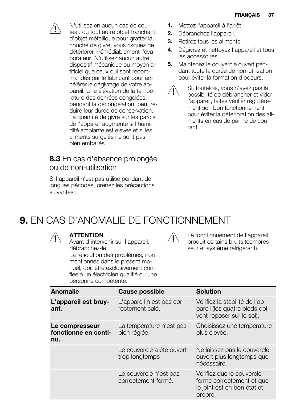 En cas d'anomalie de fonctionnement, 3 en cas d'absence prolongée ou de non-utilisation | Electrolux EC2830AOW1 User Manual | Page 37 / 72