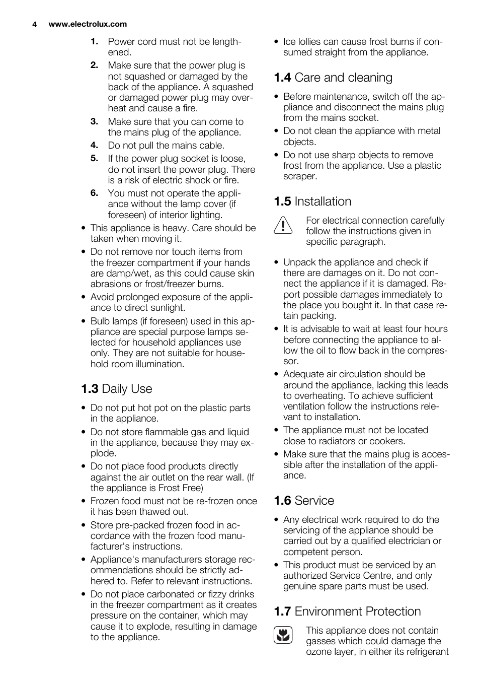 3 daily use, 4 care and cleaning, 5 installation | 6 service, 7 environment protection | Electrolux EC2830AOW1 User Manual | Page 4 / 72