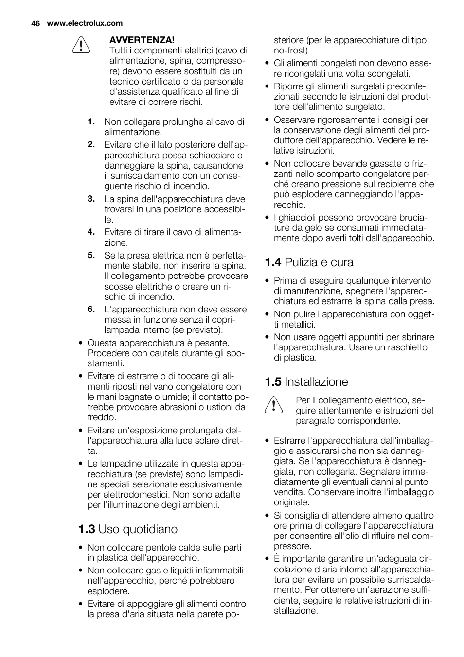 3 uso quotidiano, 4 pulizia e cura, 5 installazione | Electrolux EC2830AOW1 User Manual | Page 46 / 72