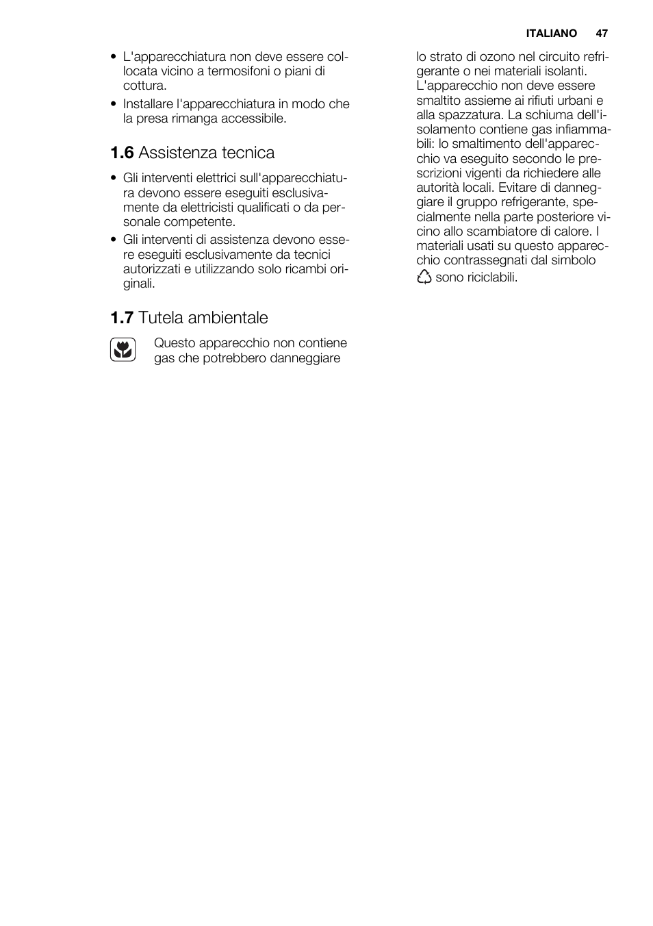 6 assistenza tecnica, 7 tutela ambientale | Electrolux EC2830AOW1 User Manual | Page 47 / 72